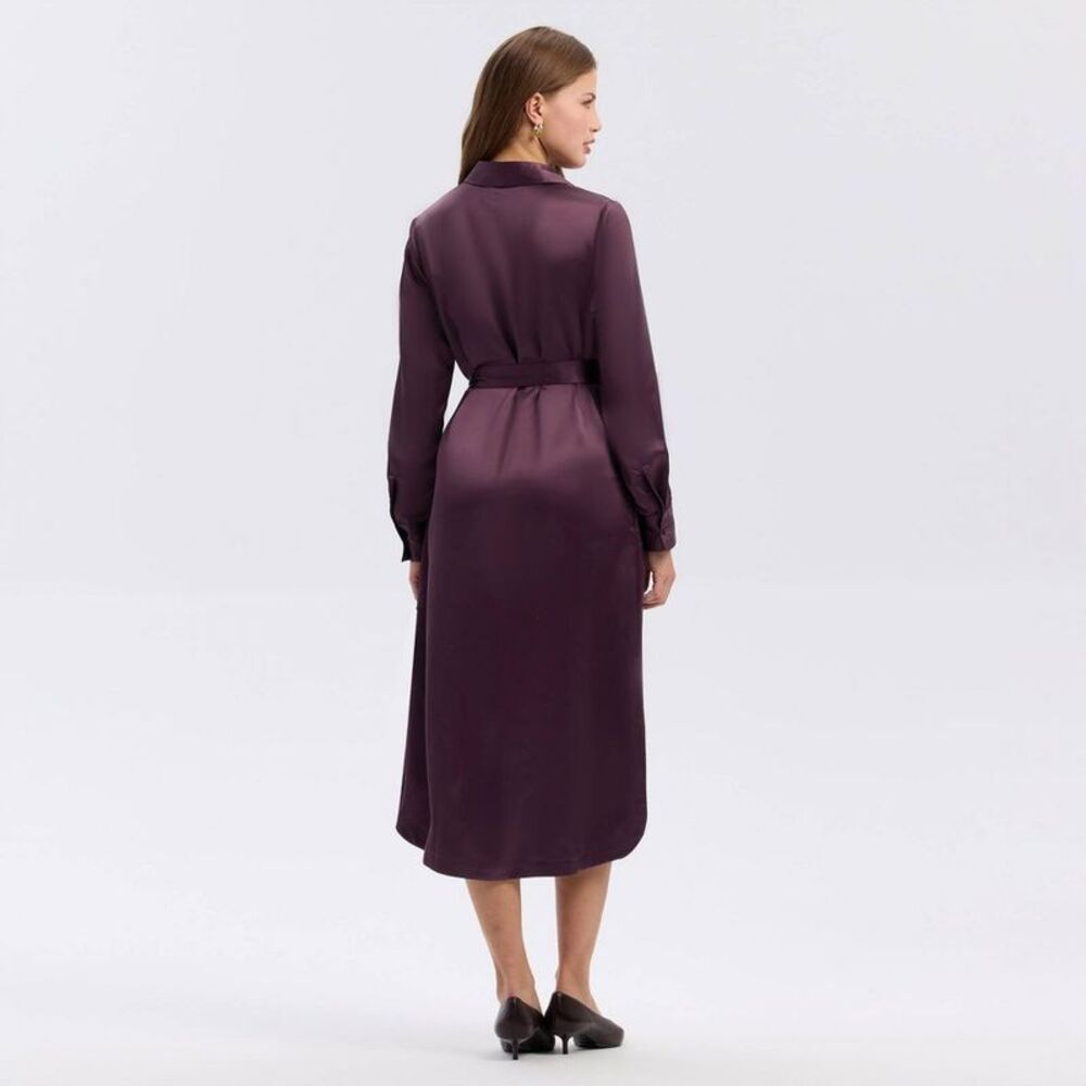A New Day - Women's Long Sleeve Belted Satin Midi Shirtdress - Red - Picture 2 of 3